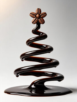 Creative 3D render of a Christmas tree formed by a spiraling swirl of glossy dark coffee syrup topped with a coffee bean flower star, isolated on a white background.