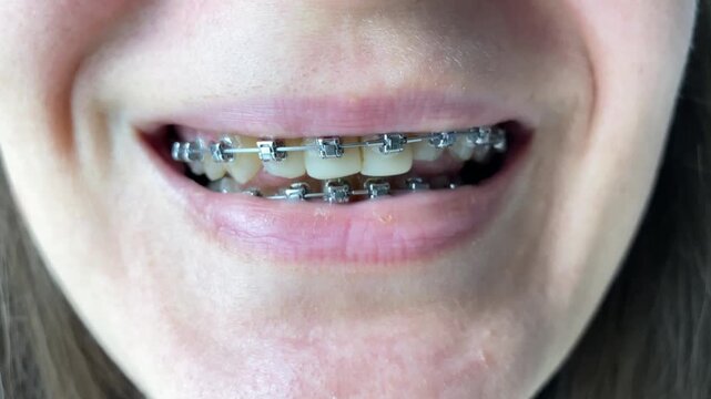 A close-up of a girl's face with braces, smiling broadly, yellow plaque and tartar are visible on her crooked teeth. Orthodontic treatment, oral care, and teeth cleaning