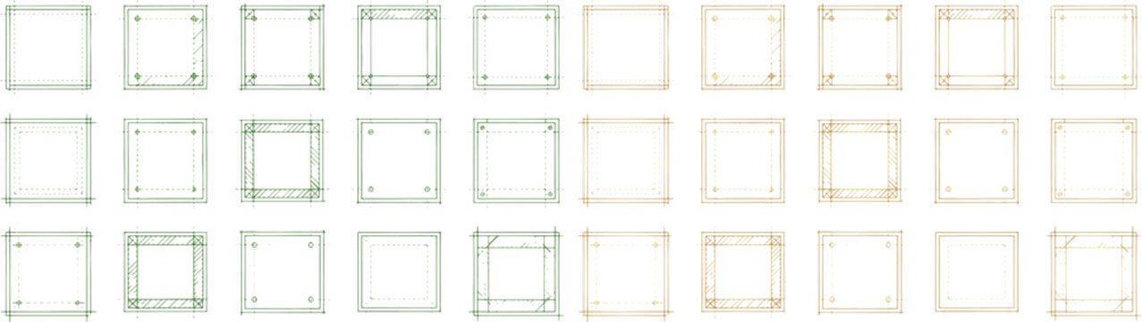 Set of square frames and border designs with technical sketch lines and geometric construction marks
