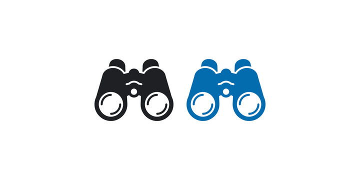Binoculars icon set in black and blue colors for vision and discovery tools.