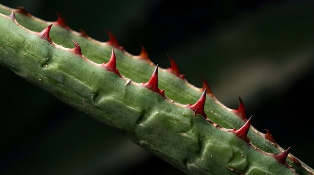 Macro detail of green agave leaf edge with sharp red thorns in garden