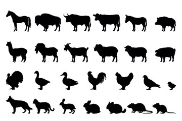 Naklejka premium Black silhouette farm animals vector set collection