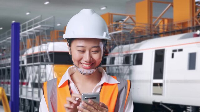 Front View of Asian Female Engineer Use Smartphone While Walking at Train Locomotives Maintenance Depot Scaffolding