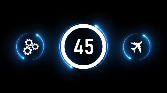 Glowing neon digital countdown number 50-0 timer with gear and business report analytics icons loop