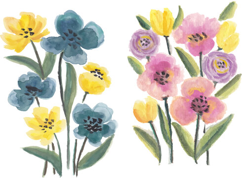Colorful Watercolor Floral Bouquets Set