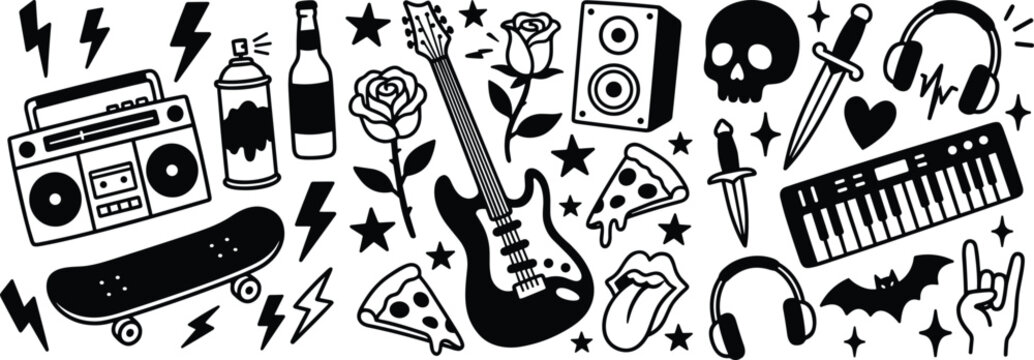 Wide black and white rock music vector doodle collection banner featuring guitar boombox skull skateboard pizza rose and punk graffiti lifestyle elements for backdrop design
