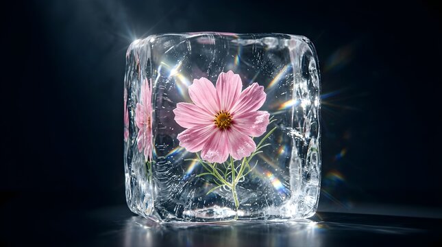 Pink cosmos flower frozen inside a crystal clear ice cube with light