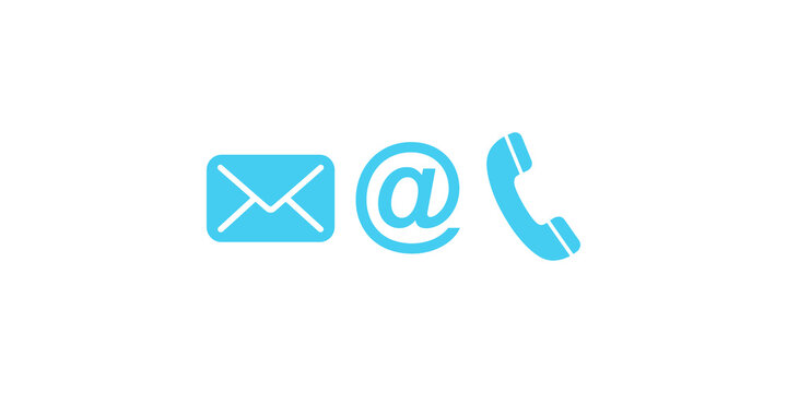 Cyan icons representing email, at symbol, and phone for contact information.