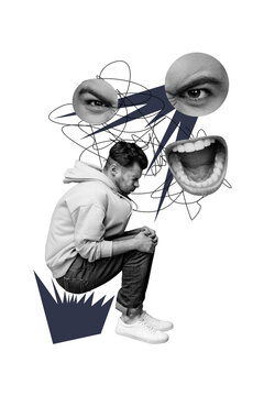 3D photo collage template trend artwork composite of weird young guy jump down fragment face scream eye watch  vision allseeing depression