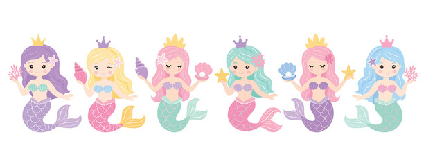 Cute mermaid princess illustration set featuring six colorful cartoon characters with crowns, seashells, starfish, coral and flowing tails, isolated on a white background for kids’ designs. and crafts © yuliabikirova