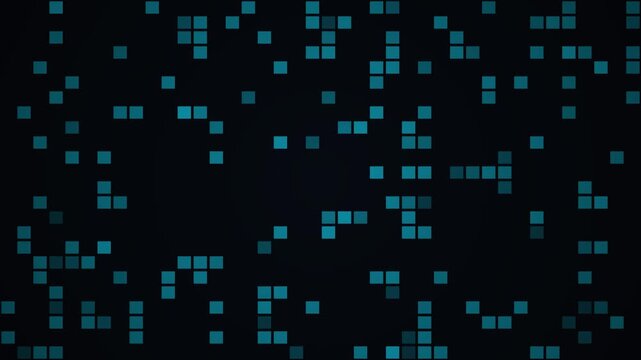 Abstract background with blue square pixels moving on a dark digital grid surface