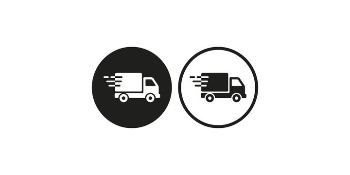 Fast delivery truck vector icons in circle badge flat and outline designs.