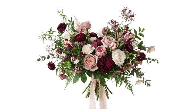 Elegant wedding bouquet of mixed dark burgundy and pink roses with greenery