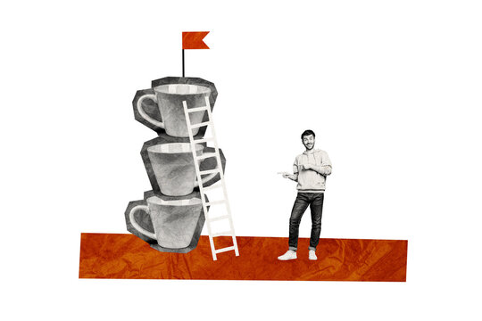 Composite photo collage of happy excited man point cup stack promotion ladder obstacle flag aim development isolated on painted background