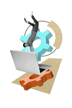 Vertical photo collage of excited astonished man it specialist fly laptop gearwheel settings organization isolated on painted background