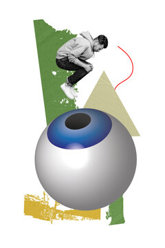 Vertical photo collage of unhappy man fall realistic eyeball supervision stalker concept spy isolated on painted background