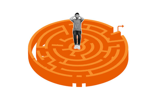 Composite trend artwork sketch image photo collage of silhouette young man shocked face stand center labyrinth find route finish end arrow