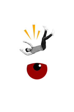Vertical creative art collage of astonished man fall eyeball supervision privacy freemason isolated on painting background