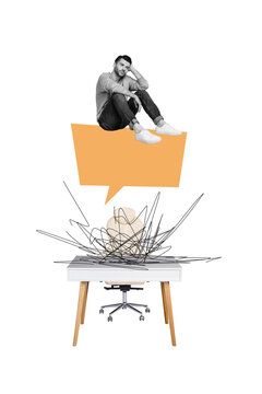 Composite trend artwork sketch image photo collage of empty space speech cloud bulb young handsome man sit table sad face bad mood think