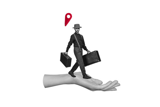 Composite photo collage of serious man walk path relocation geolocation carry suitcase summer vacation icon isolated on painted background