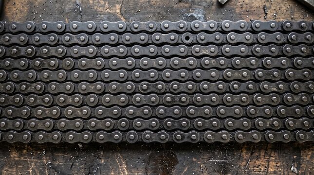 Industrial metal roller chains on weathered wooden workshop bench