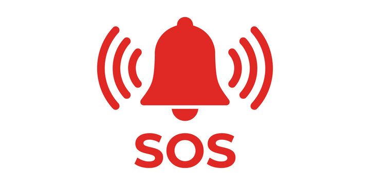 Red sos alarm bell icon with sound waves and text for emergency alert systems.
