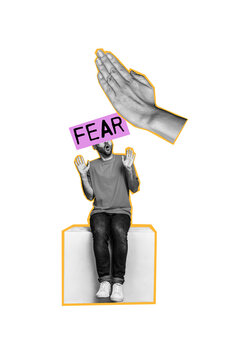 Vertical photo collage of frightened man raise hands innocent hand punch abuse hate stereotype insult panic isolated on painted background
