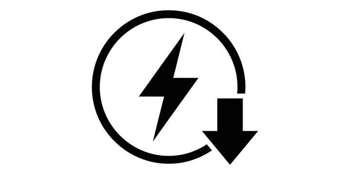 Low power consumption black icon with lightning bolt and down arrow inside circle.
