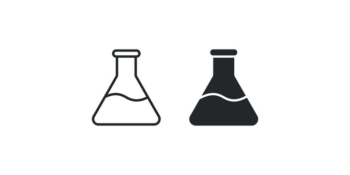 Outline and filled black conical flask icons with liquid for scientific experiments and laboratory research.
