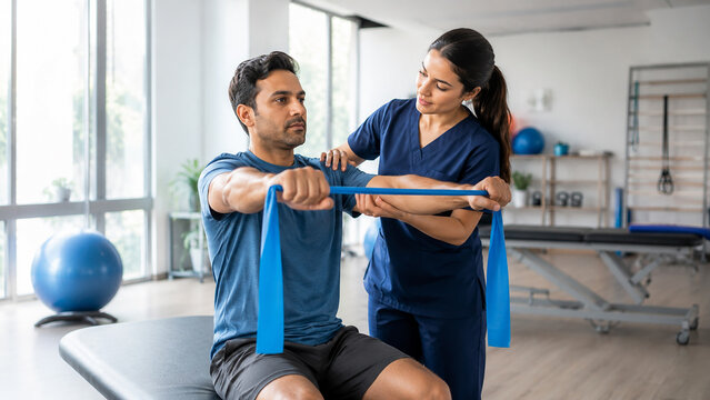 Physical therapist assisting patient during rehabilitation session in clinic, manual therapy for injury recovery and strength building, exercise with resistance band