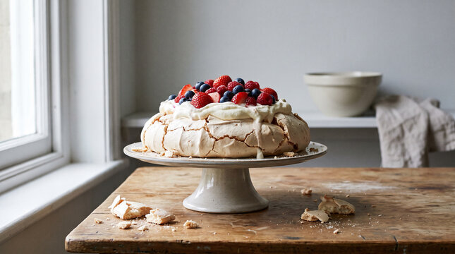 Pavlova meringue whipped cream berries cake stand natural light