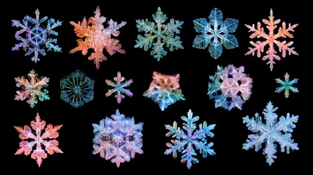 Large set of unique colorful rainbow macro snowflakes isolated on a solid black background, showcasing intricate geometric crystalline structures, vibrant light refractions, and winter ice patterns.