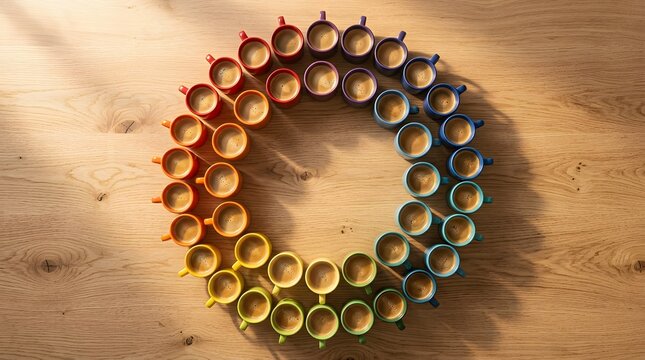 A circular arrangement of colorful coffee cups on a wooden surface.