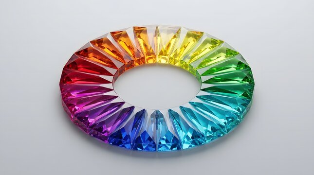 A circular arrangement of colorful faceted crystals forming a vibrant spectrum on white.