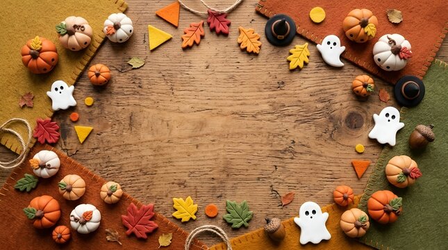 Cute Halloween clay art and autumn leaves wooden frame background with copy space