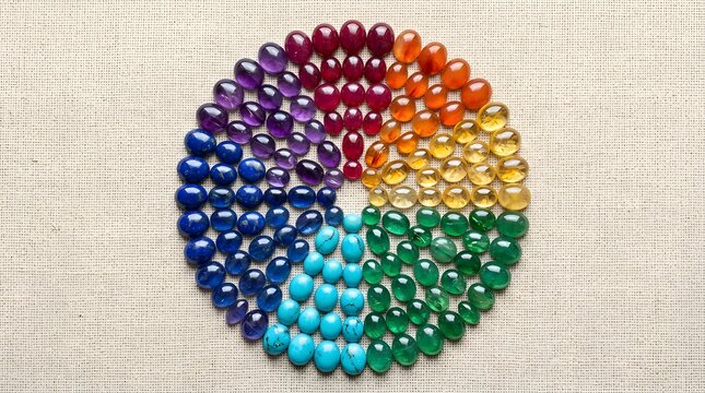 A circular arrangement of colorful gemstones and glass pebbles forming a vibrant color wheel.