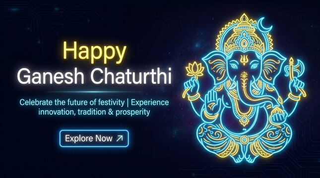 Happy ganesh chaturthi neon glowing background with lord ganesha