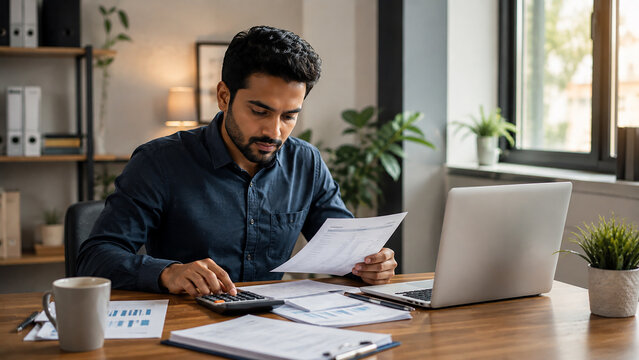 Young businessman calculating finances, professional office worker doing taxes, accountant analyzing data with calculator and laptop