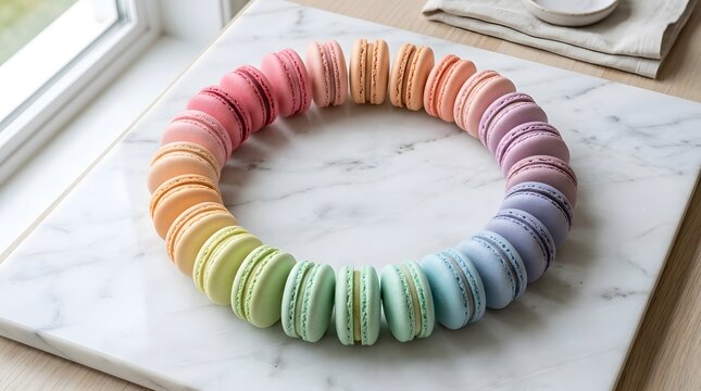 A circular display of colorful French macarons arranged in a rainbow gradient on a marble surface.
