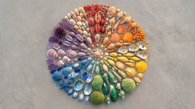 A vibrant circular mosaic made of colorful seashells arranged on sand like a rainbow color wheel.