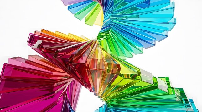 A vibrant multicolored translucent spiral sculpture creates a dynamic visual display against a plain white background.