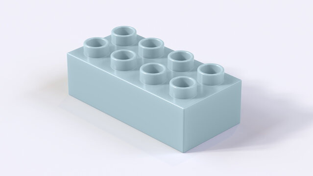 Pastel Blue Plastic Construction Brick with Eight Hollow Studs, Isolated on White Background, Featuring Minimal Geometric Shape and Soft Studio Lighting. 3D Illustration