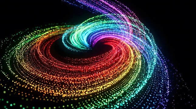 Abstract swirling vortex of glowing multicolored light particles against dark background.