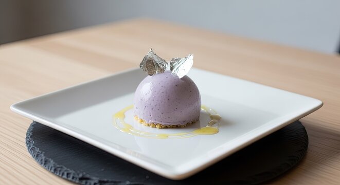 Gourmet purple mousse dessert with silver leaf garnish.