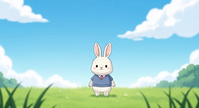 Cute cartoon bunny wearing blue sweater in sunny field.