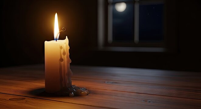 Burning candle on a wooden table in dark room.