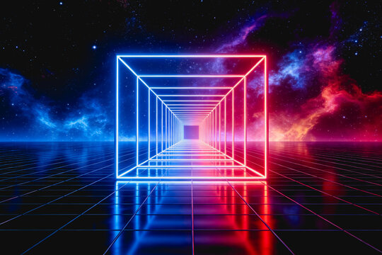 A 3D-rendered abstract scene of a glowing neon tunnel extending through cosmic space, with a reflective grid floor and starry nebula backdrop.