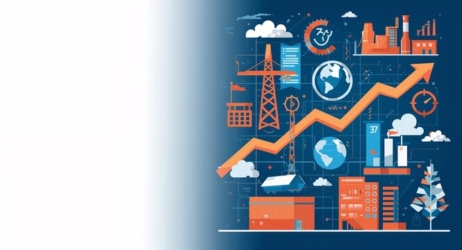 Illustrate tariff related economic slowdown with visuals of declining industrial output reduced consumer activity and market contraction across key sectors with copy space on the left side