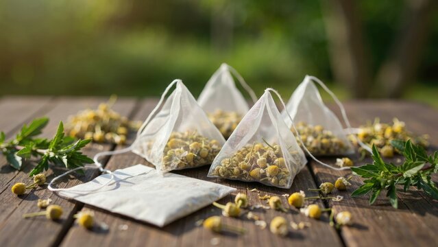 Pyramid tea bags filled with dried chamomile flowers on a wooden table