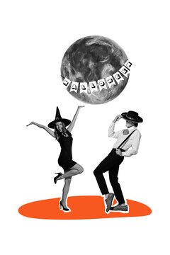 Composite trend artwork sketch collage of happy halloween autumn holiday magic spooky season young lady man couple dance party costume